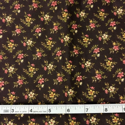 Vtg Dark Floral Fabric 37" x 44" Chocolate Brown Pink Ivory Yellow Green Print - Image 1 of 4
