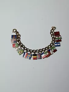 Vintage 1939 World's Fair New York Enamel Charm Bracelet Flags Countries Rare D2 - Picture 1 of 16