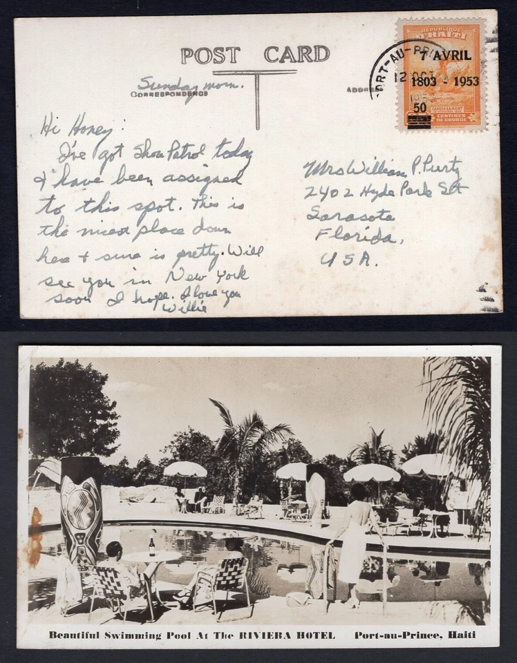 HAITI 1953 Surcharged Stamp on Real Photo Postcard to USA - Image 1 of 3