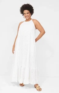 Lane Bryant Dress 14/16 White Maxi Halter Tie-Neck Tiered Eyelet Beachy Coastal - Picture 1 of 15
