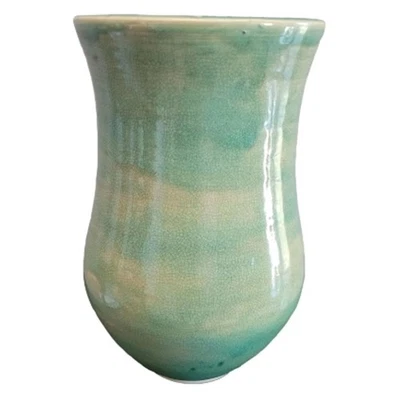 Vaso de cerâmica vintage meio século moderno estúdio verde vitrificado 8 polegadas de altura  - Imagem 1 de 4