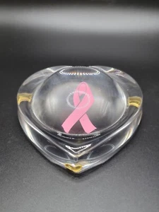 Heart Shaped Glass Breast Cancer Awarness Ribbon Paperweight Bubble Top  - Picture 1 of 12