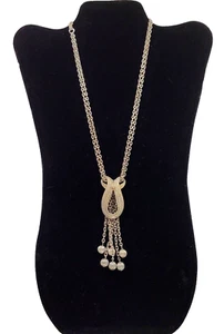 Tassel and Balls Double Chain Two Tone V Knot Style Necklace Vintage 1970s - Picture 1 of 24