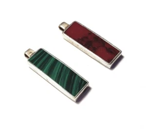 Red and Green Stone Rectangle Dangles Sterling Silver for Jewelry Craft 1” Long - Picture 1 of 6