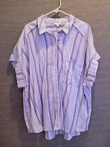 NEW Terra & Sky Womens Plus 3X Linen Blend Short Sleeve Camp Shirt Purple Stripe - Picture 1 of 10