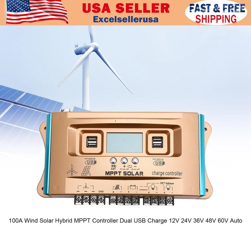 MADHORNETS 12V-60V 30A-100A MPPT Dual USB Charge Wind-Solar Hybrid System Controller AUTO E