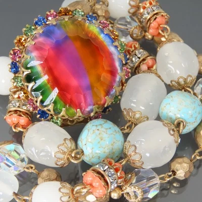 RARE Original By Robert Gorgeous Art Glass Clasp Triple Strand Beaded Bracelet - Image 1 of 4