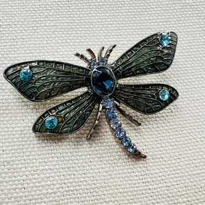 1928 Dragonfly Brooch Blue Rhinestones Green Enamel Fairy Whimsical - Picture 1 of 6