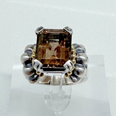 Кольцо из чистого серебра с дымчатым топазом из желтого золота 18 карат с лагосской икрой - Изображение 1 из 4