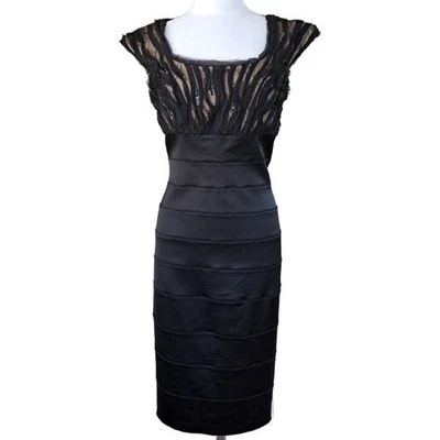 TADASHI SHOJI Black Illusion Bodice Bandage Satin Sheath Cocktail Dress Size 14 - Image 1 of 4