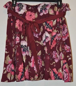 Lauren Conrad LC Women's Burgundy Floral Paper bag Waistband Skirt w/Belt Sz M - Picture 1 of 3