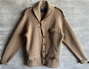 Vintage 1980s Ralph Lauren Brown Wool Shawl Collar Leather Elbow Cardigan Size S - Picture 1 of 6