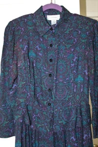 Vintage 80s Preppy Secretary Dress 8 M Modest Navy Paisley Blue Rayon Crepe LS - Bild 1 von 6