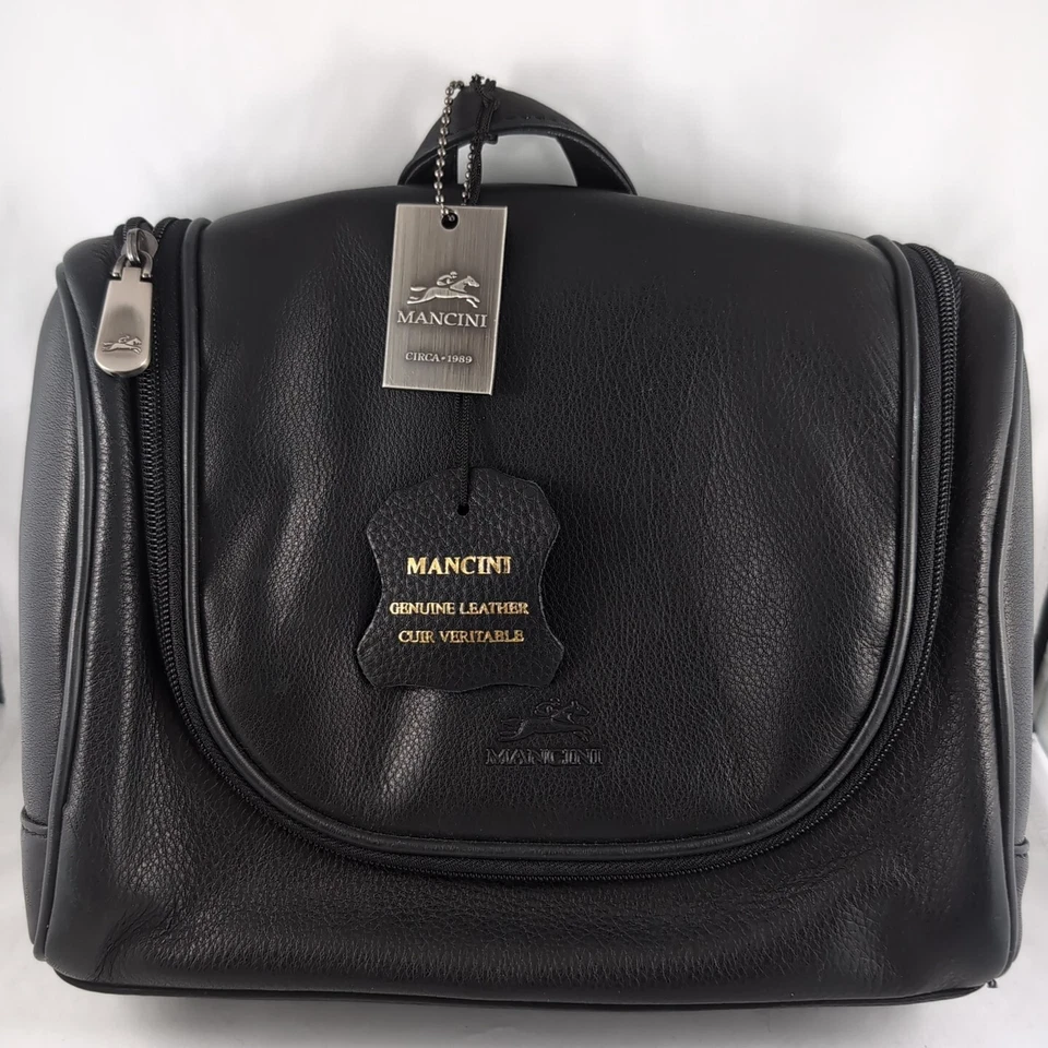 MANCINI Leather Travel Bag Black Toiletry Over Door Hook 11x8" Ex Condition B108 Foto 1 de 4