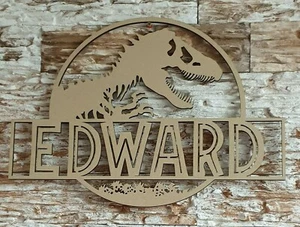 Personalised Wooden Name Dinosaur Jurassic Park Hoop Sign Wall Nursery Plaque - Picture 1 of 2