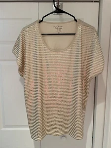Chico’s Size 3 -XL Sequins Striped Tee Cotton Blend Short Sleeve Tan - Picture 1 of 8