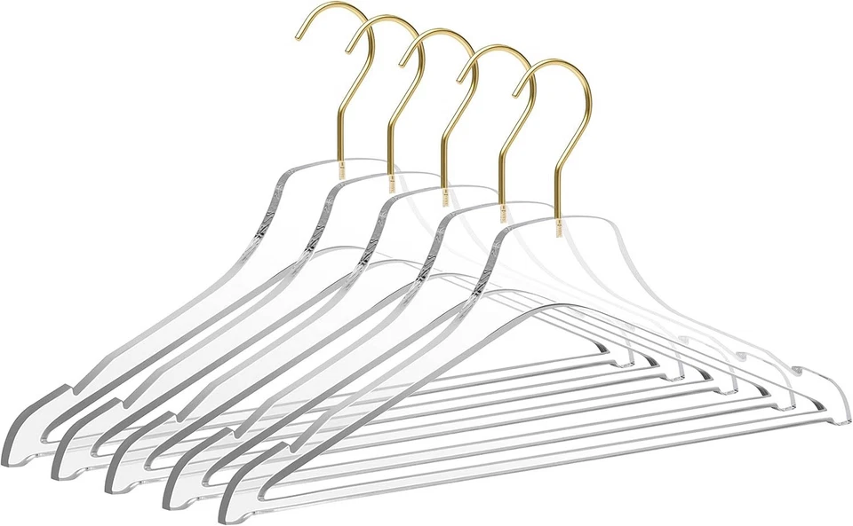 Acrylic Clear Lucite Hangers - 5-Pack with Bar Matte Gold Hooks - Hangers for...