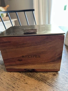 Hearth & Hand Magnolia Acacia Wood Recipe Box Brass Lid+Recipe Cards Never Used! - Picture 1 of 9
