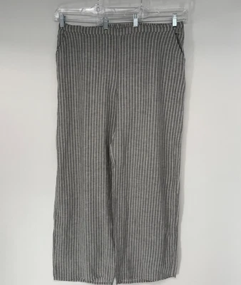 Pantalones de lino de pierna ancha para mujer L gris blanco a rayas cintura elástica playa costera Foto 1 de 4