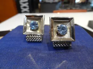 Vintage Estate Mesh Wrap Shirt Silver tn Cufflinks Baby blue faceted glass stone - Picture 1 of 2