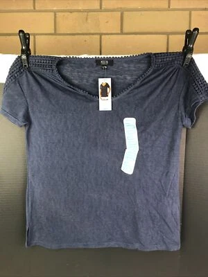 Modern Canvas Women's Short Sleeve Crochet Detail Top w Side Slits Size L Navy - Image 1 of 4