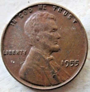 1955-P WHEAT CENT, OBVERSE LAMINATION ERROR, VF CONDITION, CIRCULATED - Picture 1 of 2