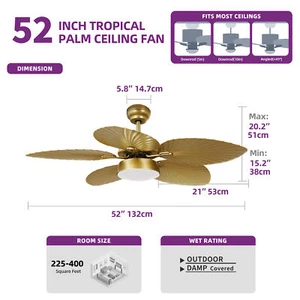 52" Ceiling Fan Light 5 Palm Leaf Blades Reversible Fan Home Decor with Remote - Picture 1 of 24