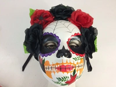 Day of the Dead Skull Paper Mache Halloween Mask, Flowers & Ribbon, Wear or Hang - Image 1 of 4