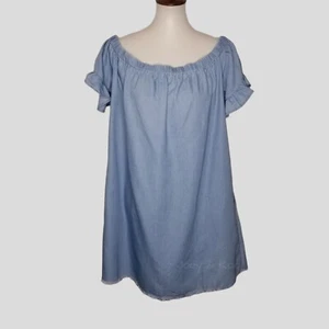 Hem & Thread Medium Chambray Off Shoulder Mini Dress Pockets - Picture 1 of 6