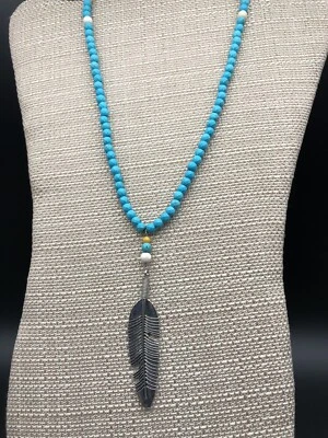 Серебристый тон ожерелье перо бирюзовый цвет желтовато-коричневый и желтый круглый бисер 18» - Изображение 1 из 4