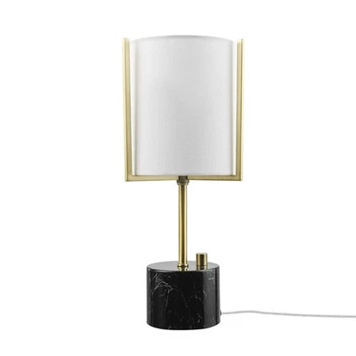 67532 15 Table Lamp, Matte Brass, Black Faux Marble Base, White Linen Shade, Ste - Image 1 of 4