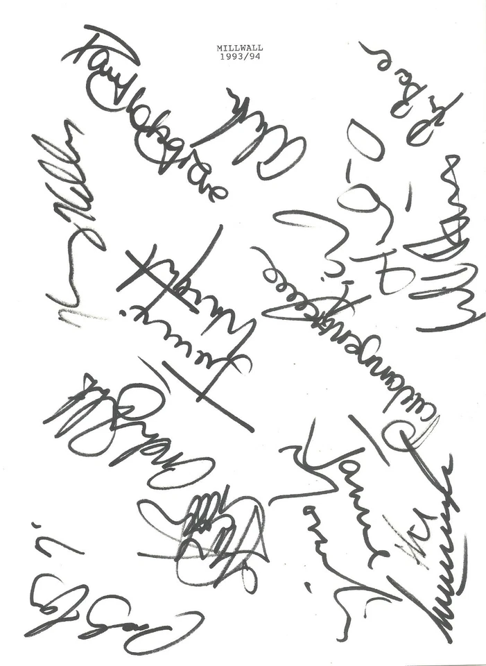 Millwall 1993-94 - 13 firmas en rotulador en hoja A4 Foto 1 de 1