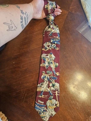 Baseball Tie Paul Fredrick Red Print Wide USA Italy Silk  - Image 1 of 4