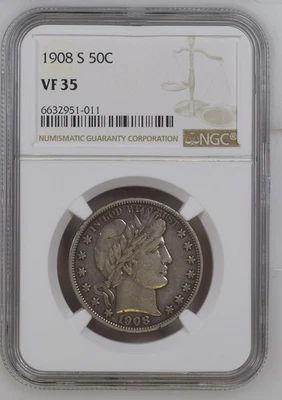 1908-S Barber Half Dollar 50c NGC VF 35  - Image 1 of 3
