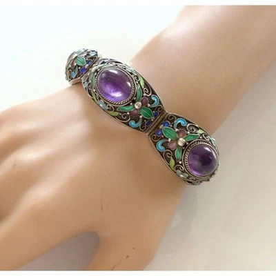 Vintage chinesisches Silber filigran Emaille Amethyst Armband Ring Set Schmuck - Bild 1 von 4