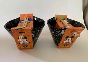 2 NWT Mickey Mouse DISNEY Ramen NOODLE BOWL Chopsticks Halloween Spiderweb Black - Picture 1 of 13