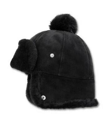 UGG Hat Up Flap Shearling Pom 飞行员防水捕手黑色 190 美元 O/S 码  — 第 1/4 张图片