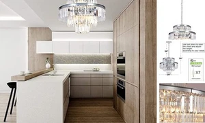 Lampadario moderno in cristallo 20" cromato rotondo a sospensione, 4 livelli lusso - Foto 1 di 7