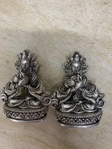 2Pcs Wonderful Tibetan Silver Hand Made *Green Tara Bodhisattva* Statues !!! - Picture 1 of 9