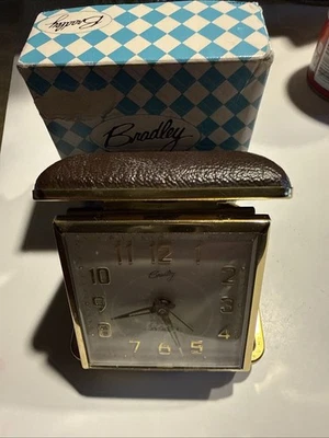 Vtg Bradley Travel Pocket Alarm Clock Wind Up With Leather Case - Image 1 of 4