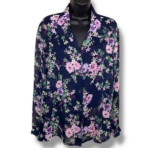 Vintage Large Haband Blue Purple Floral Semi Sheer Blouse Button Front 90s - Picture 1 of 12
