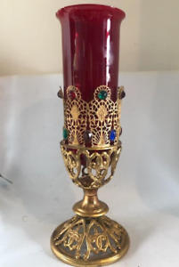 ANTIQUE VINTAGE CATHOLIC Religious Bronze Jeweled Sanctuary Lamp