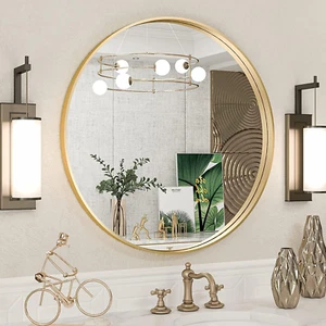 Brushed Gold round Mirror 24 Inch Gold round Vanity Bathroom Mirror for Wall Alu - Picture 1 of 8