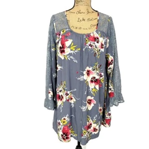 Kori Womens sz M Top Blue Floral Long Sleeve Scoop Neck Lace Trim - Picture 1 of 8