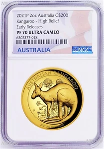 2021 Australian High Relief Proof Kangaroo $200 NGC PF70 .9999 2oz GOLD Coin ER - Picture 1 of 5