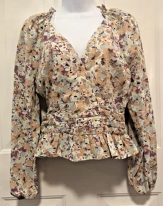 Entro Faux Wrap V-neck Blouse Shirt Top Floral Surplice Peplum Ruched Size S NWT - Picture 1 of 14