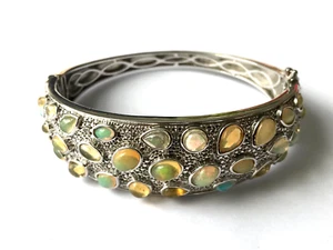 Fire Opal and Zircon 925 Sterling Silver Bangle - Picture 1 of 19