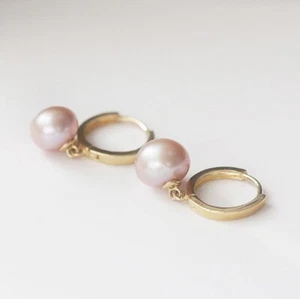 16 mm Reifen 18K vergoldet 8 mm Süßwasser Lila Knopf Perlen Ohrringe - Bild 1 von 2
