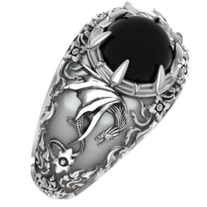 925 Sterling Silver Onyx Dragon Ring for Women Men Gothic Animal Jewelry - Picture 1 of 7