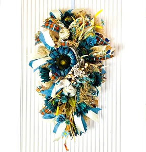Fall Thanksgiving Sunflower Mesh Front Door Wreath - Beige Blue Sunflower Burlap - Picture 1 of 7